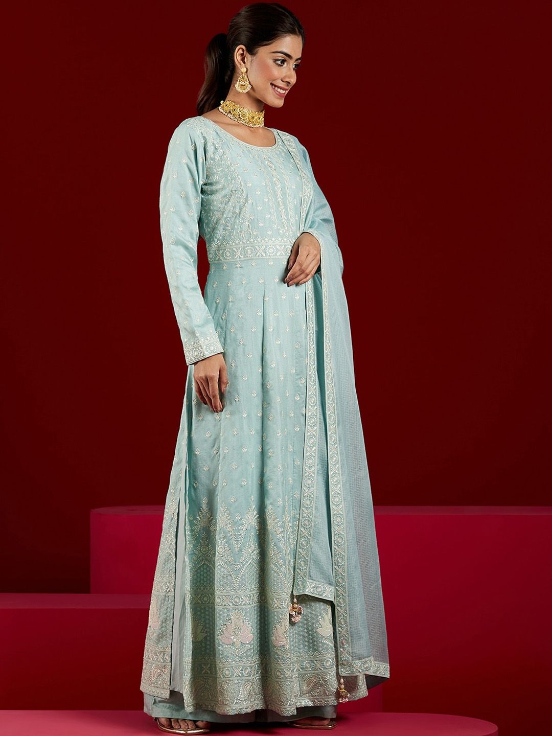 Dhiyona LL Floral Embroidered Panelled Sequinned Pure Silk Kurta with Palazzos & Dupatta