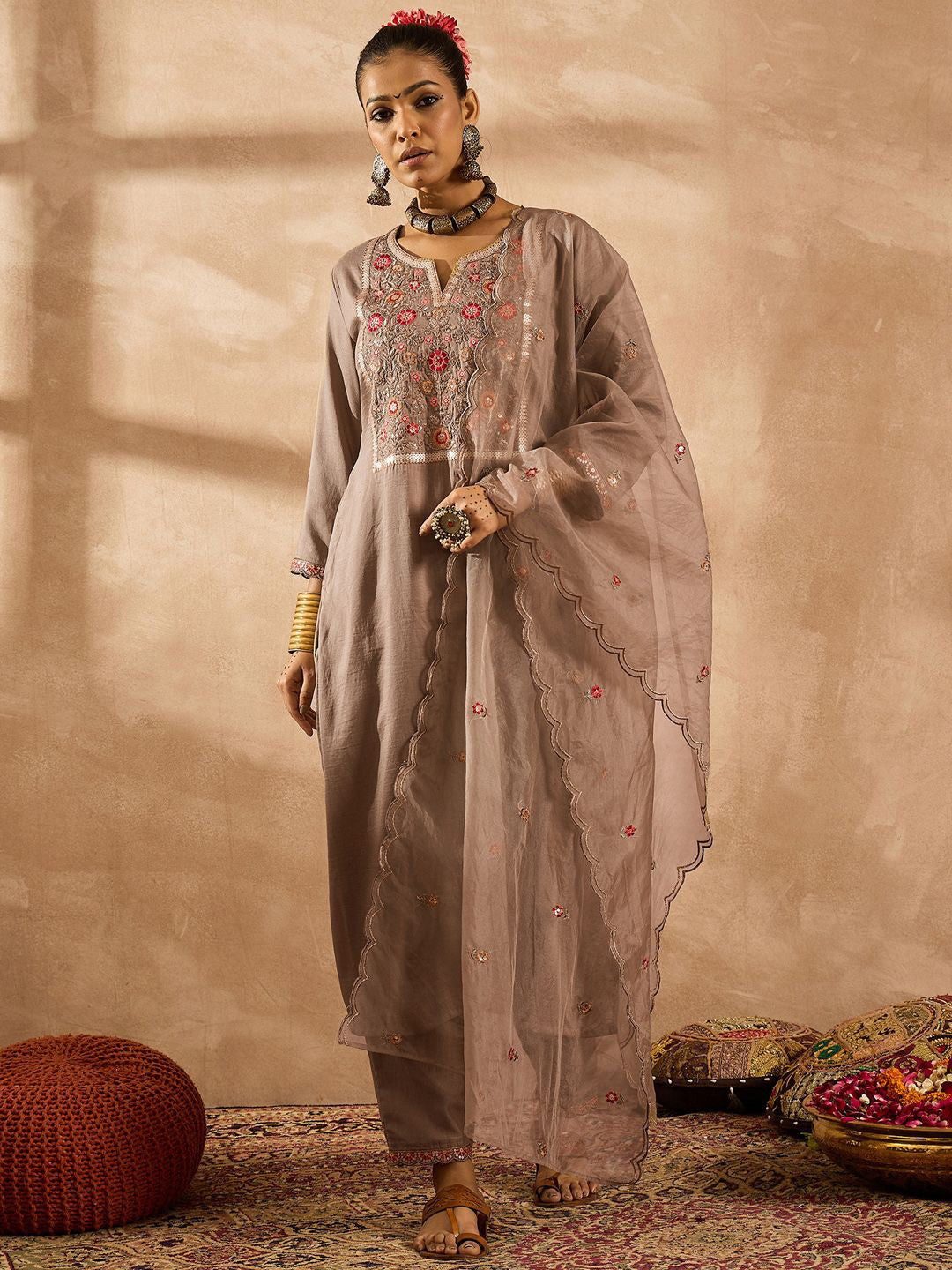 Women Ethnic Motifs Embroidered Regular Thread Work Kurta with Trousers & With Dupatta