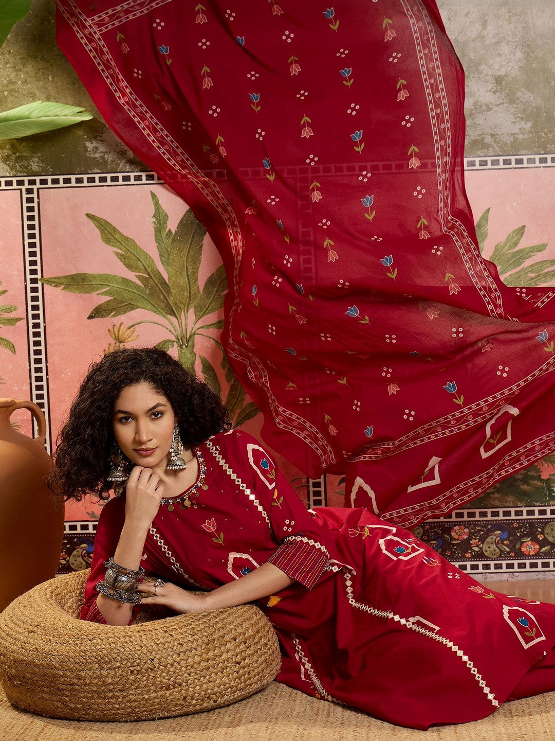 Printed Pure Cotton Round Neck Kurta & Trousers With Dupatta