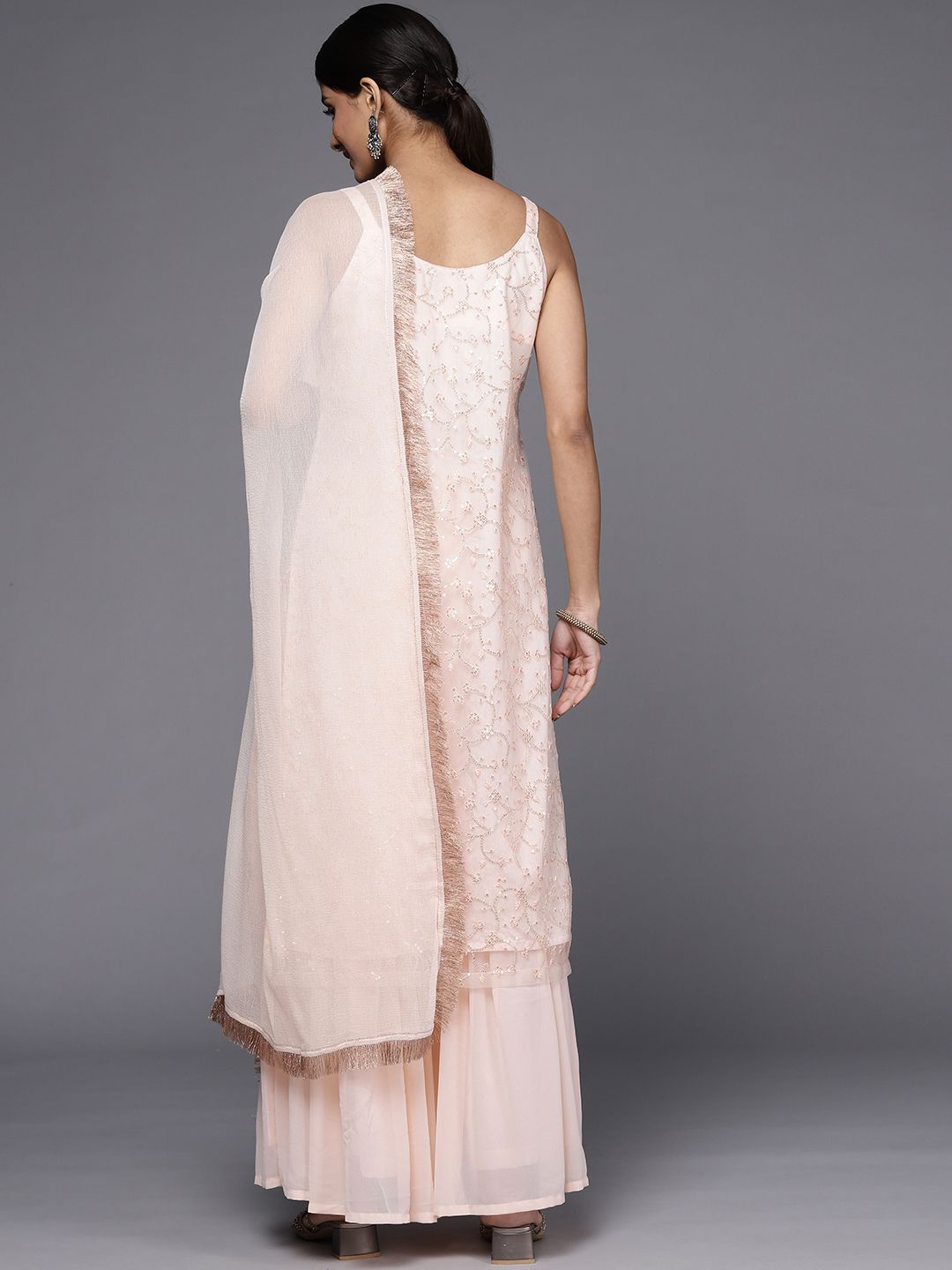 Dhiyona VA Women Peach-Coloured Floral Sequinned Kurta with Sharara & With Dupatta