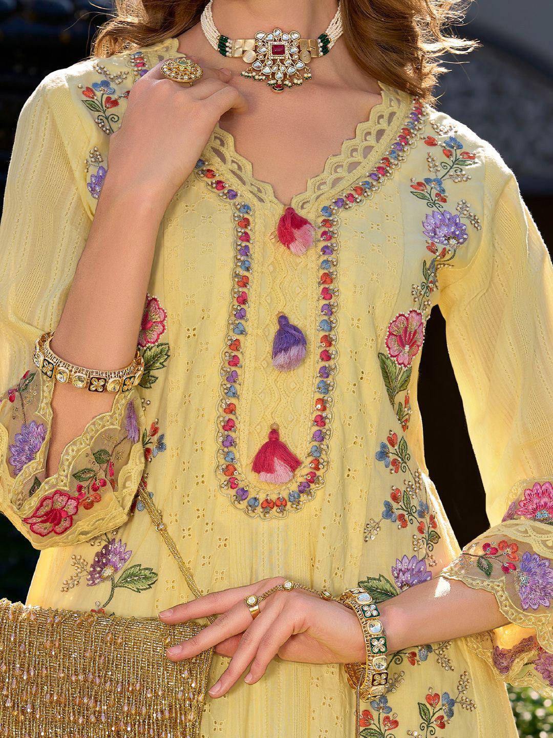 Women Floral Embroidered Cotton Kurta with Trousers & Dupatta