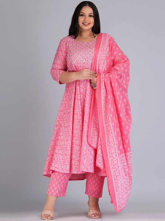 Dhiyona KL Ethnic Motifs Printed Gotta Patti Pure Cotton Kurta with Trousers & Dupatta