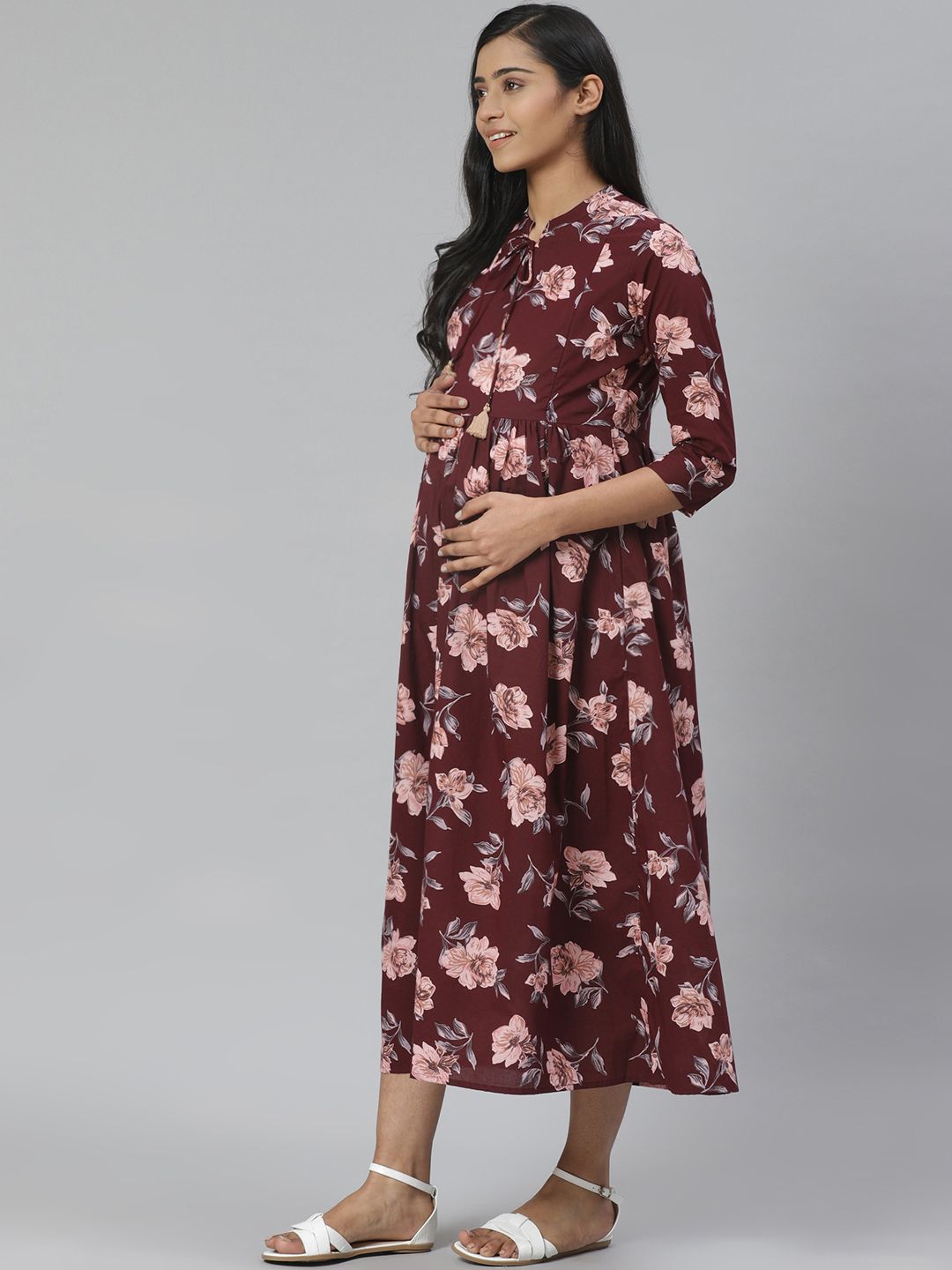 Dhiyona AY Women's Burgundy & Pink Floral Printed Pure Cotton Maternity A-Line Dress