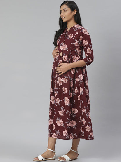 Dhiyona AY Women's Burgundy & Pink Floral Printed Pure Cotton Maternity A-Line Dress