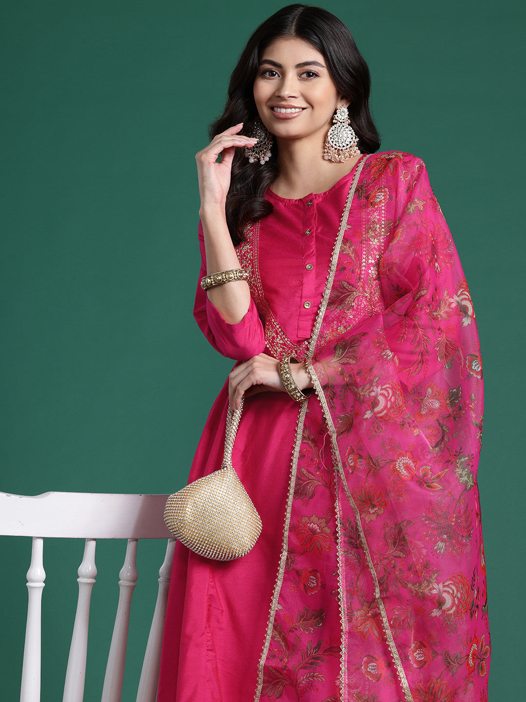 Panelled Sequined Kurta with Trousers & Dupatta