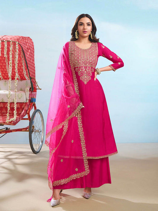 Dhiyona IN Floral Embroidered Round Neck Sequinned Anarkali Kurta With Palazzos & Dupatta