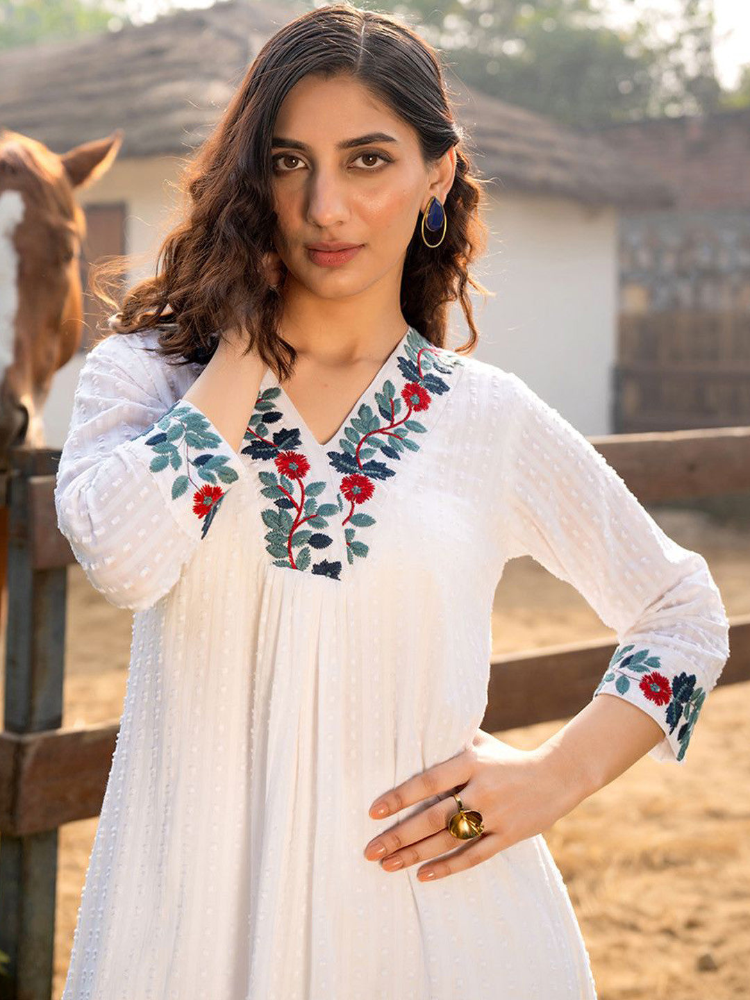 Floral Embroidered V-Neck A-Line Pure Cotton Kurta WIth Trousers
