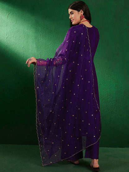 Dhiyona SN Ethnic Embroidered Sequined Zari V-Neck Kurta With Palazzo & Dupatta