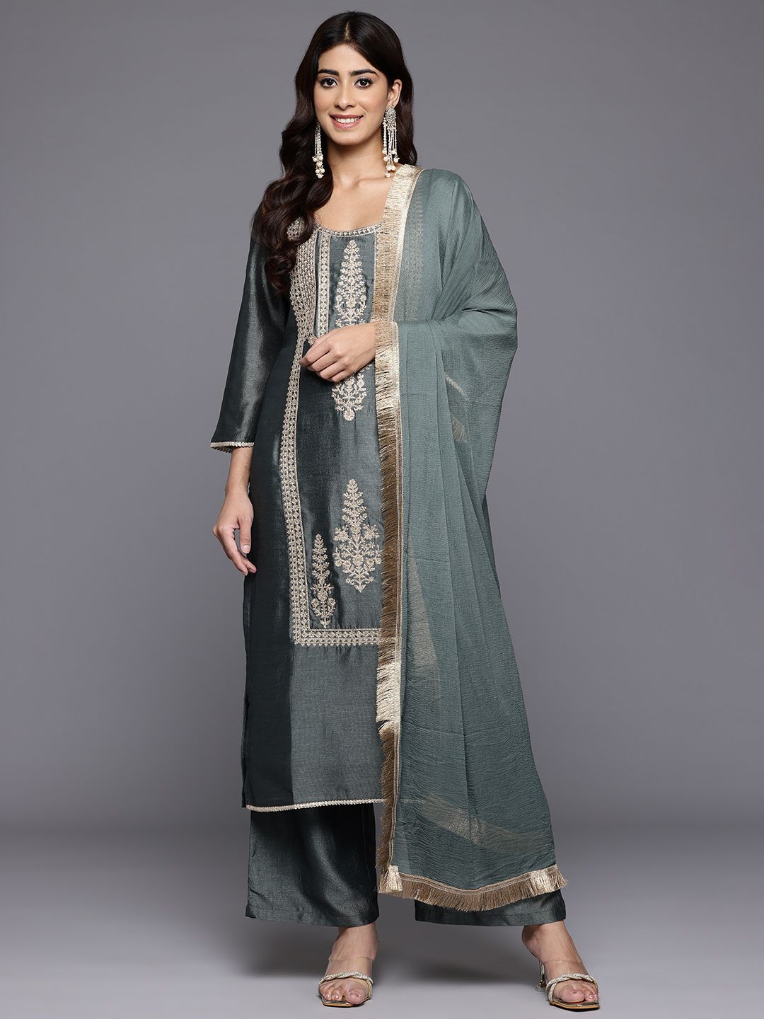 Dhiyona VA Ethnic Motifs Embroidered Zari Kurta With Palazzos & Dupatta