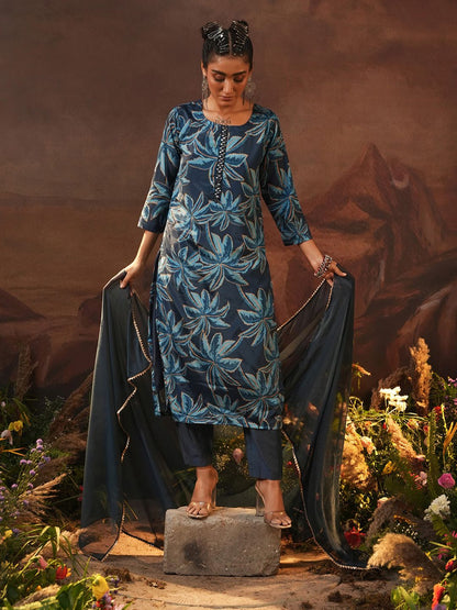 Dhiyona IS Women's Navy Blue Floral Printed Beads And Stones Straight Kurta With Trousers & Dupatta