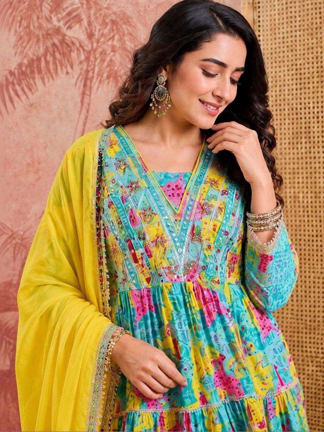 Printed Mirror Work Anarkali Kurta Set With Tasseled Dupatta