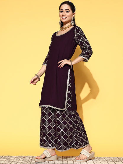 Women Purple Poly Georgette Ethereal Embroidery Kurta Set With Potli