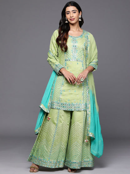 Dhiyona LL Women Floral Embroidered Mirror Work Kurta with Palazzos & Dupatta
