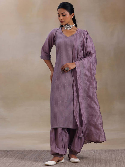 Striped Regular Thread Work Kurta with Salwar & With Dupatta