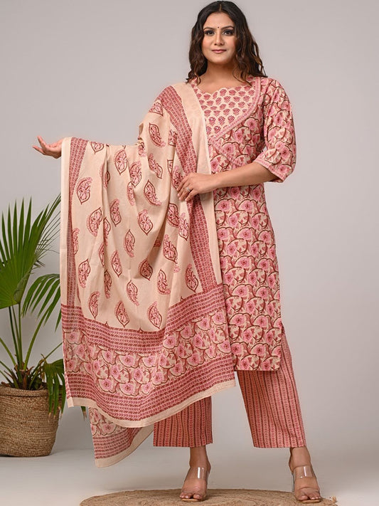 Dhiyona KL Women Floral Printed Regular Sequinned Pure Cotton Kurta with Trousers & With Dupatta