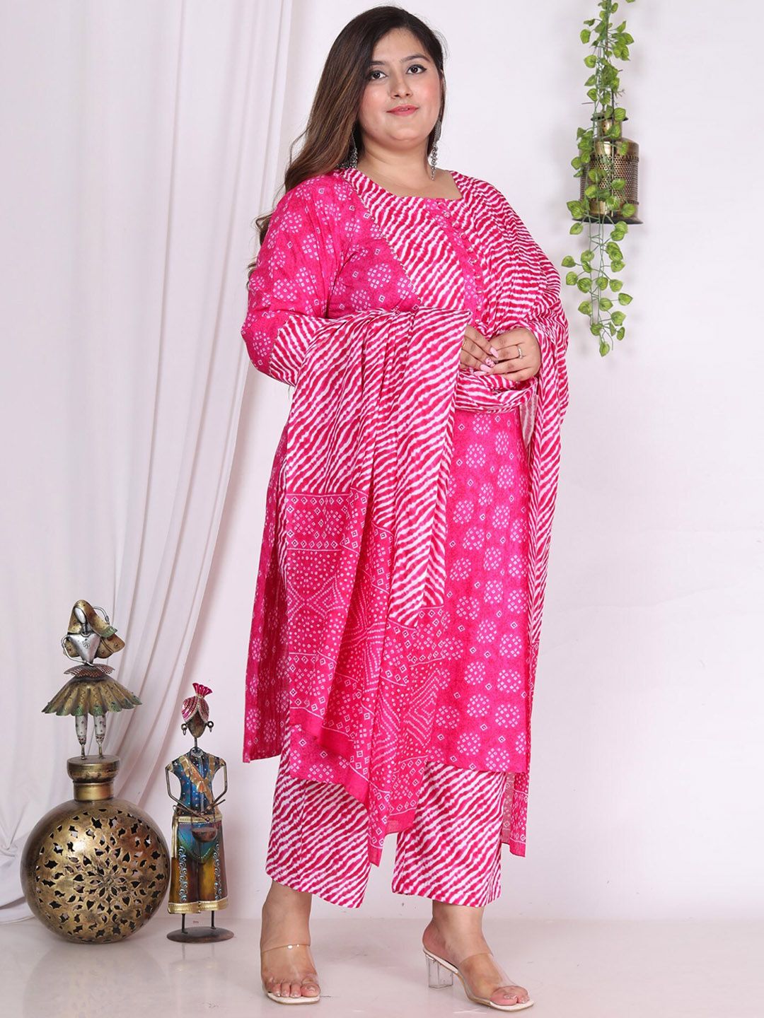 Dhiyona KL Pure Cotton Bandhani Printed Pure Cotton Straight Kurta & Trousers With Dupatta