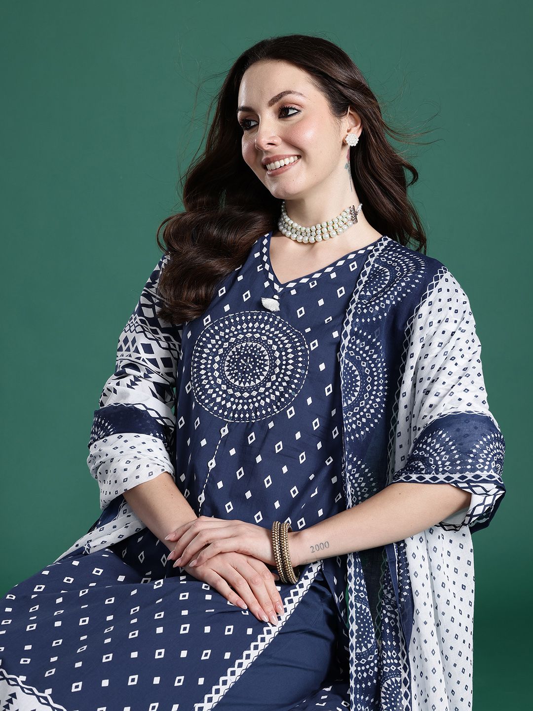 Dhiyona IE Printed Mirror Work Pure Cotton Kurta with Trousers & With Dupatta