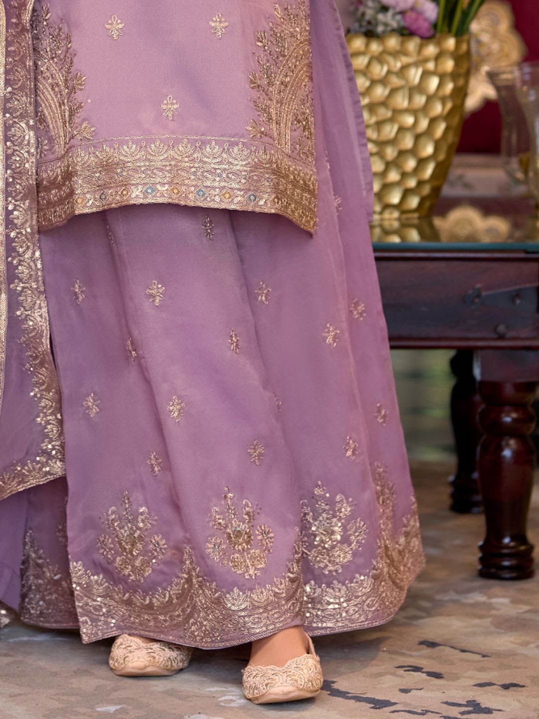 Dhiyona IE Ethnic Motifs Embroidered Sequinned Straight Kurta Palazzos With Dupatta