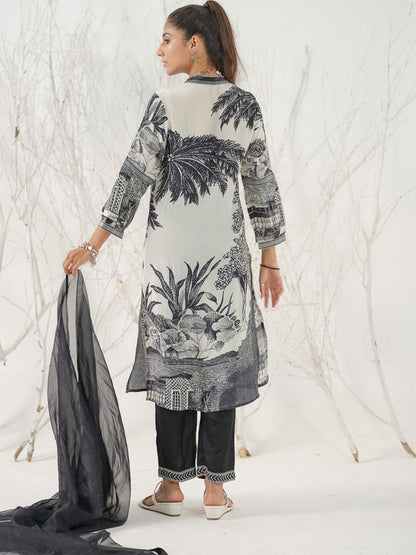 Dhiyona IS Women's Floral Printed Linen Straight Kurta with Trousers & Dupatta