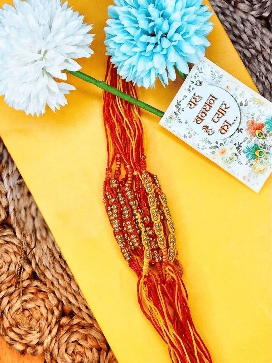 Dhiyona Set Of 6 Yellow & Red Thread Rakhi With Roli Chawal Chandan Mishri