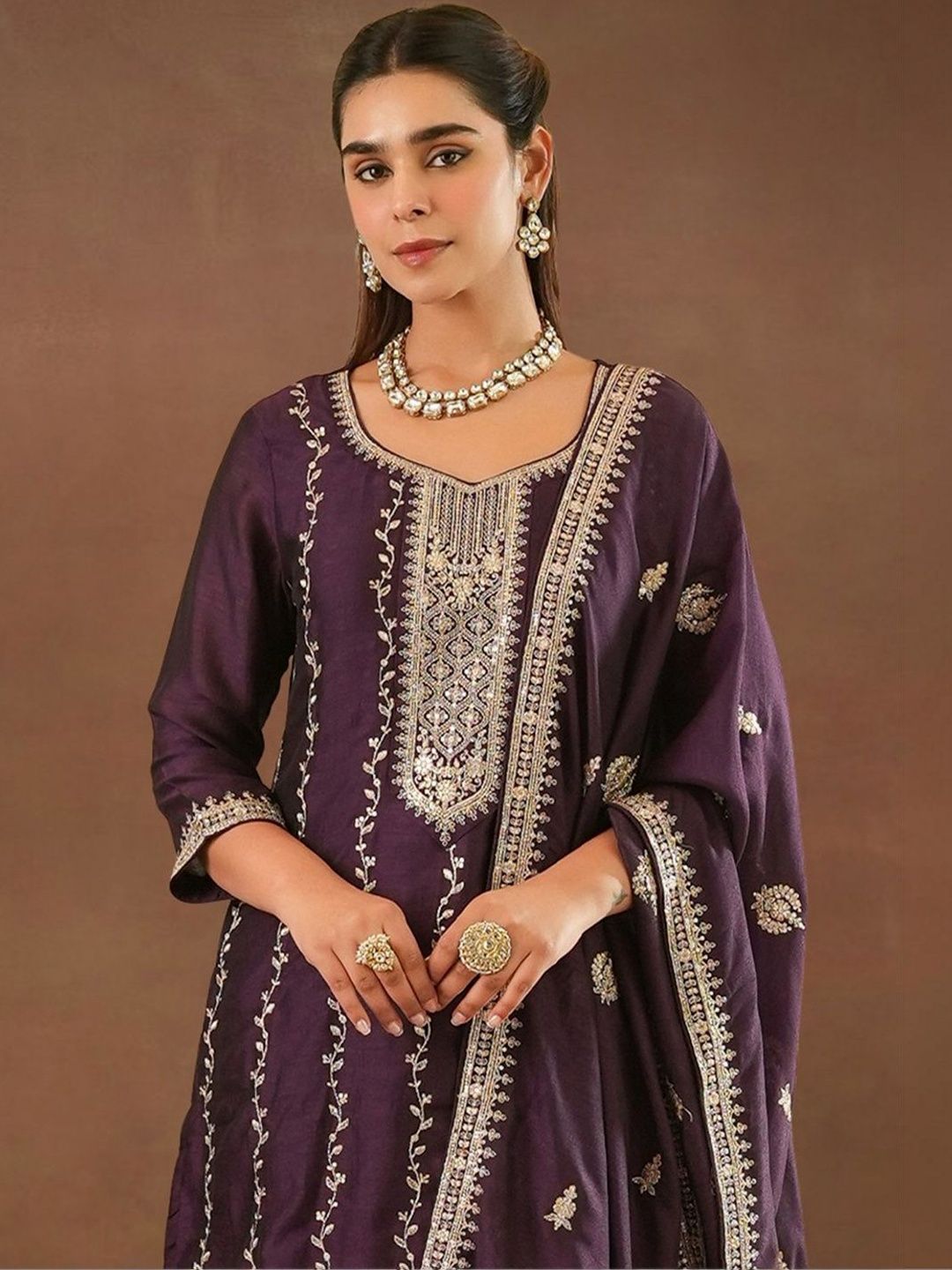 Women Ethnic Motifs Embroidered Regular Thread Work Kurta with Trousers & With Dupatta