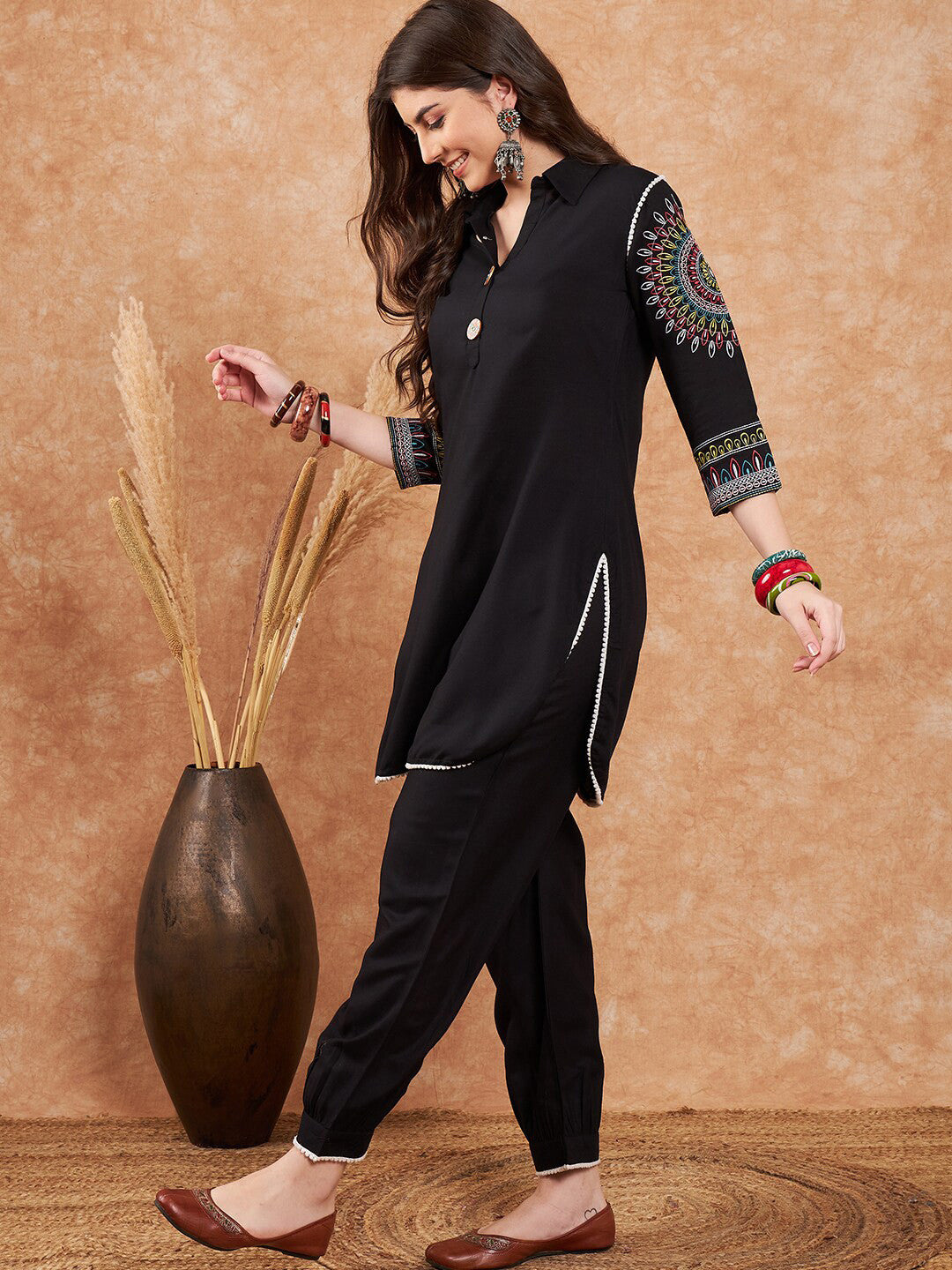 Dhiyona SN Black Ethnic Motifs Embroidered Pathani Kurta With Salwar