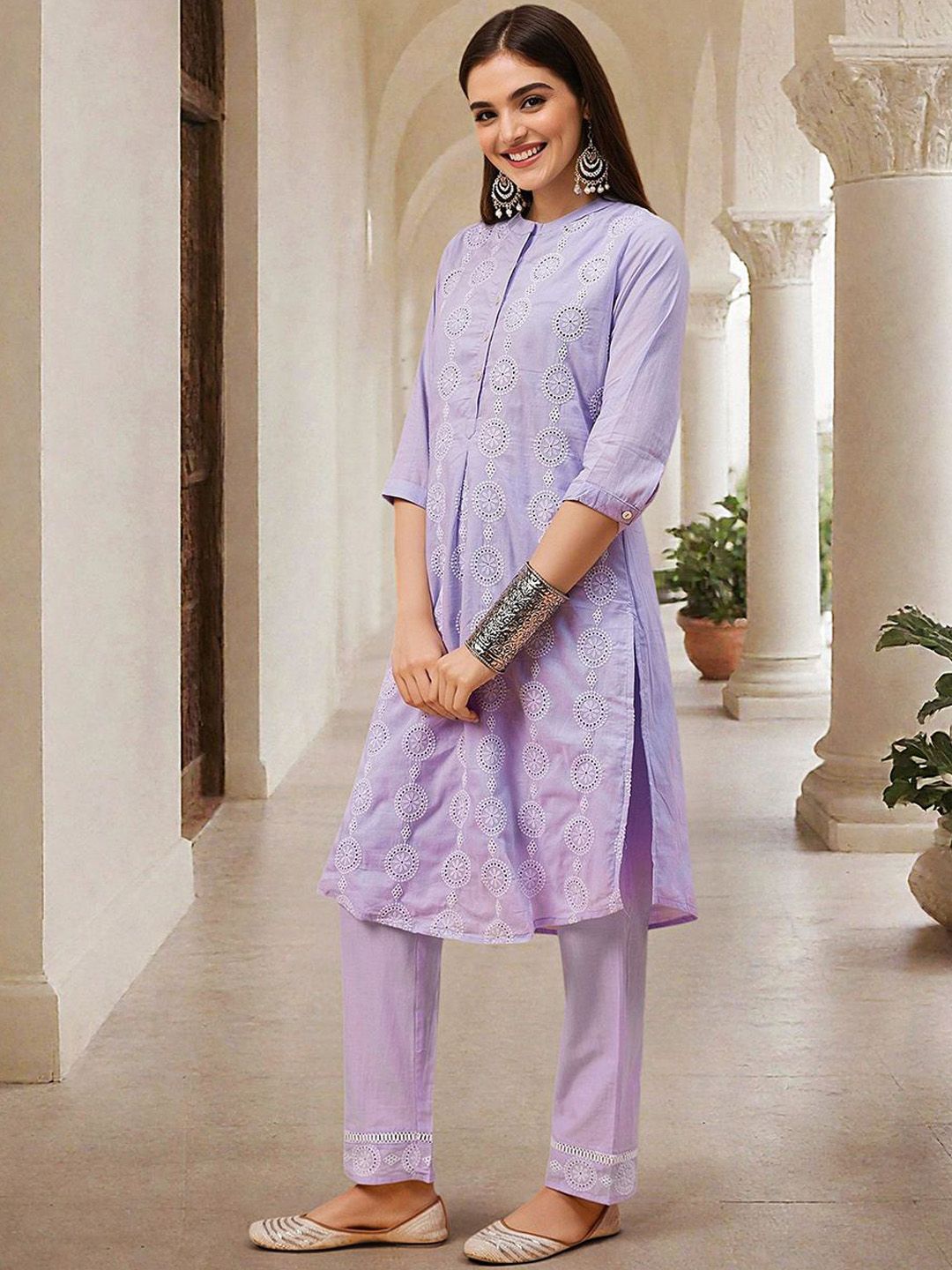 Dhiyona IS Women's Floral Embroidered Thread Work Pure Cotton Straight Kurta with Trousers