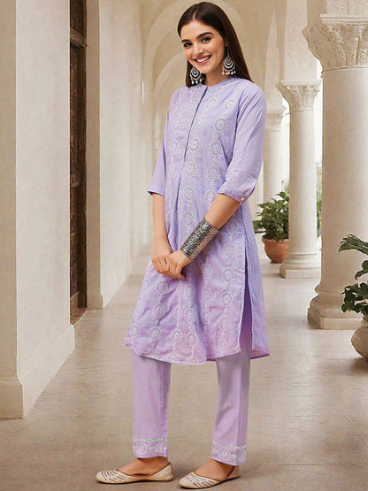 Dhiyona IS Women's Floral Embroidered Thread Work Pure Cotton Straight Kurta with Trousers