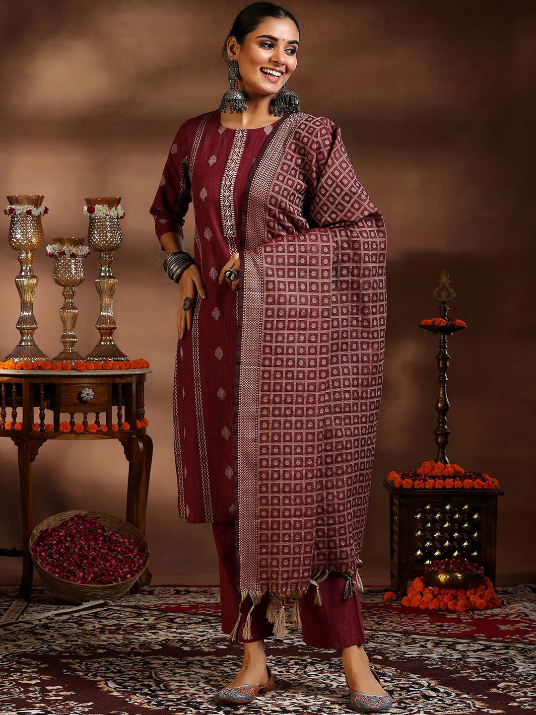 Women Ethnic Motifs Regular Thread Work Kurta with Trousers & With Dupatta
