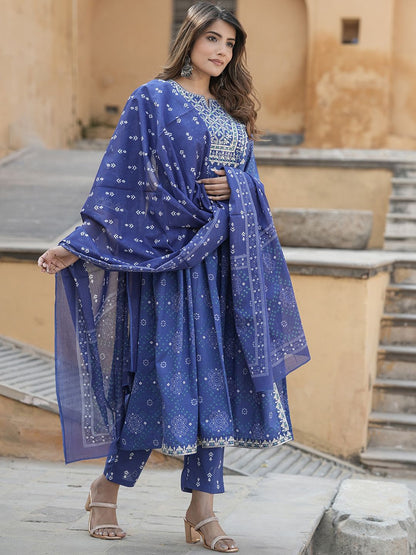 Dhiyona KL Bandhani Embroidered Round Neck Thread Work Pure Cotton Kurta Trousers & Dupatta