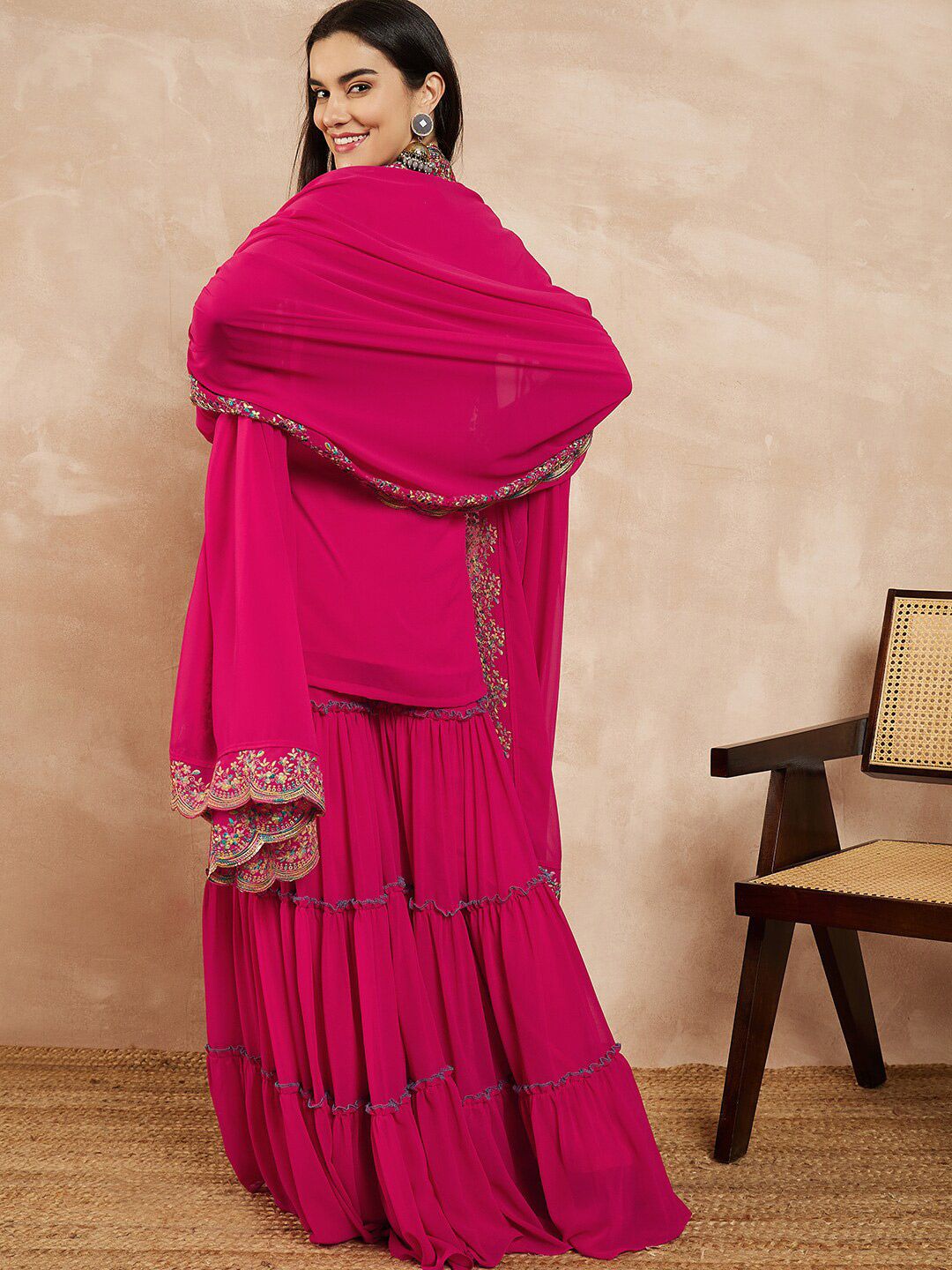 Dhiyona IN Pink & Gold Toned Yoke Design Embroidered Straight Kurta With Sharara & Dupatta