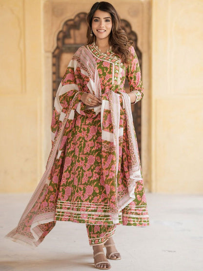 Dhiyona KL Floral Embroidered Gotta Patti Angrakha Pure Cotton Kurta with Trousers & Dupatta