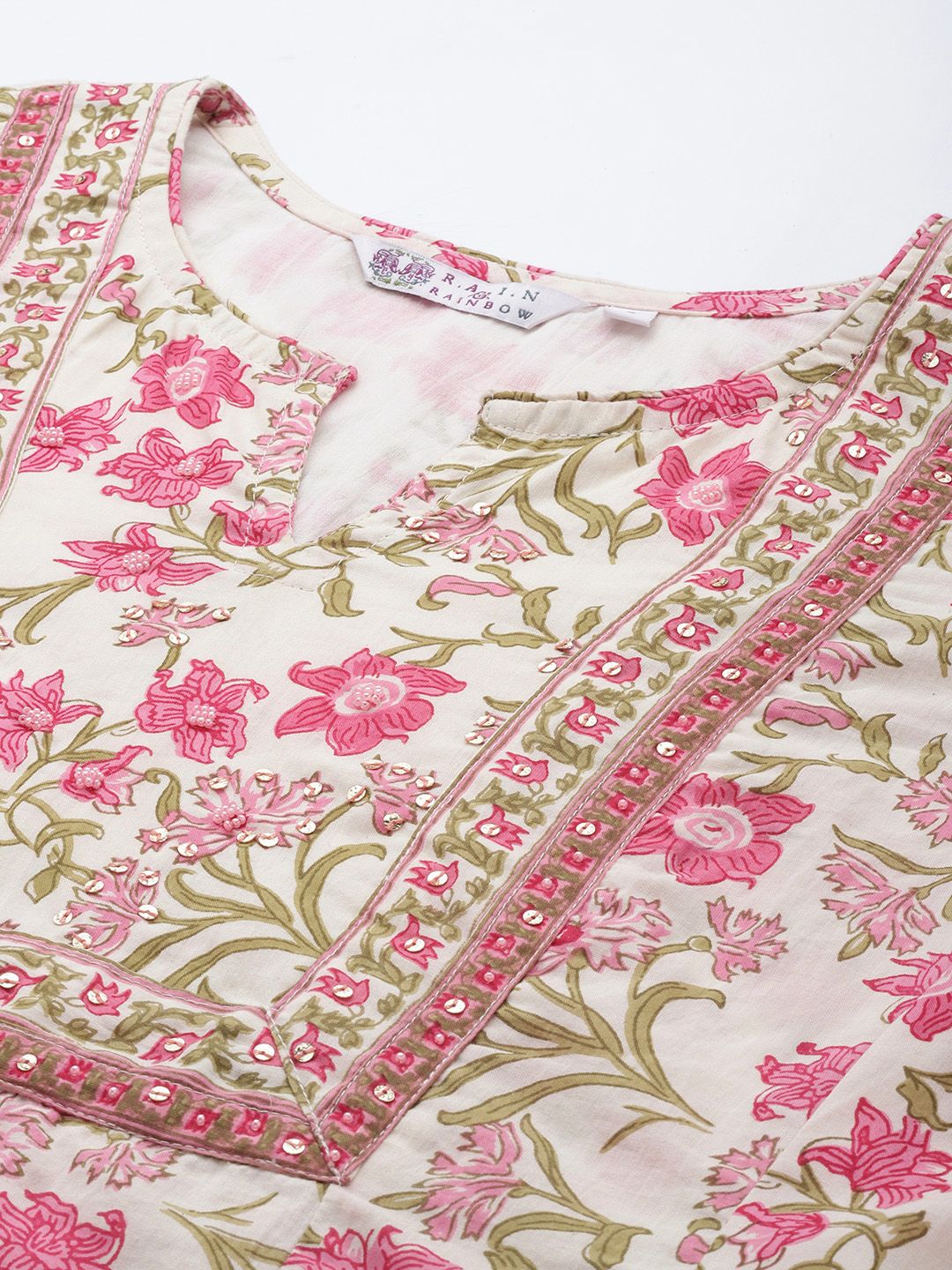 Dhiyona RR Women's Pink Floral Printed Sequinned Pure Cotton Kurta with Trousers & With Dupatta