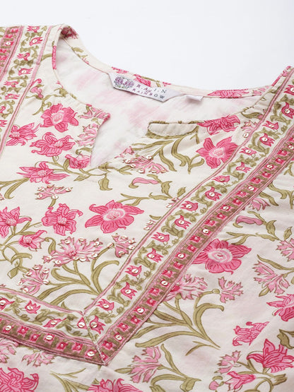 Dhiyona RR Women's Pink Floral Printed Sequinned Pure Cotton Kurta with Trousers & With Dupatta