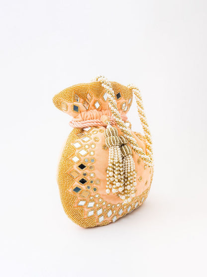 Dhiyona NR Women Peach-Coloured & Gold-Toned Embroidered Potli Clutch