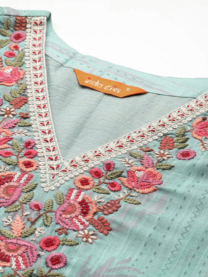Floral Embroidered Thread Work Linen Kurta with Trousers & With Dupatta