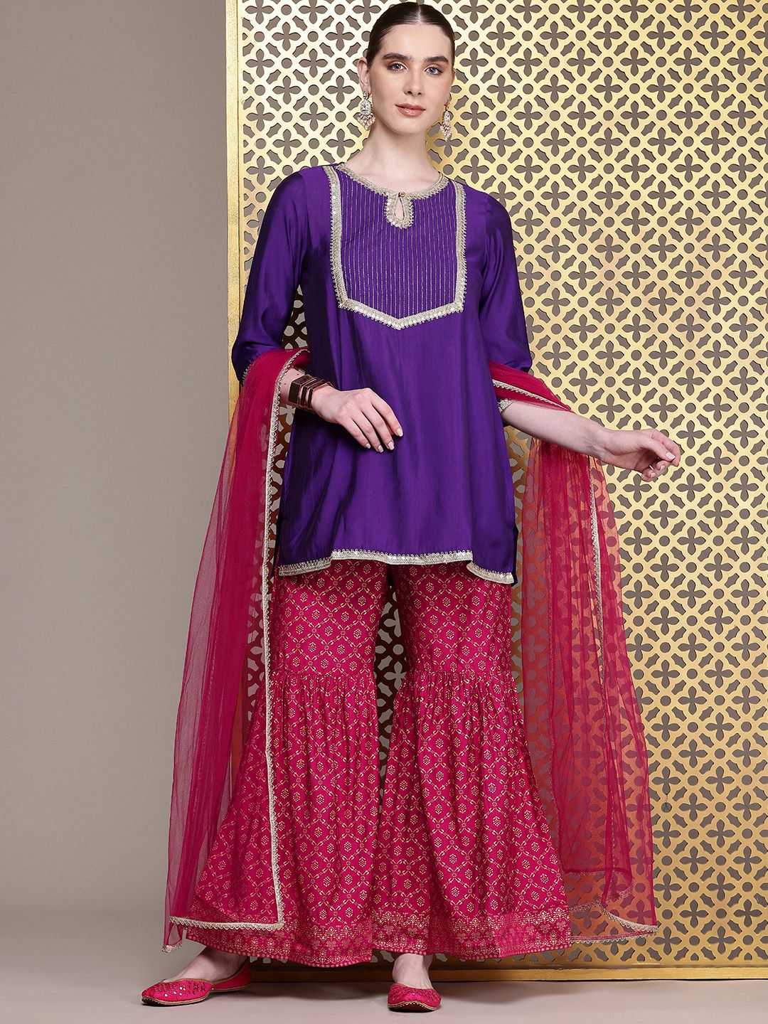 Dhiyona HOP Ethnic Motifs Embroidered Sequinned Jashn Kurta with Sharara & Dupatta