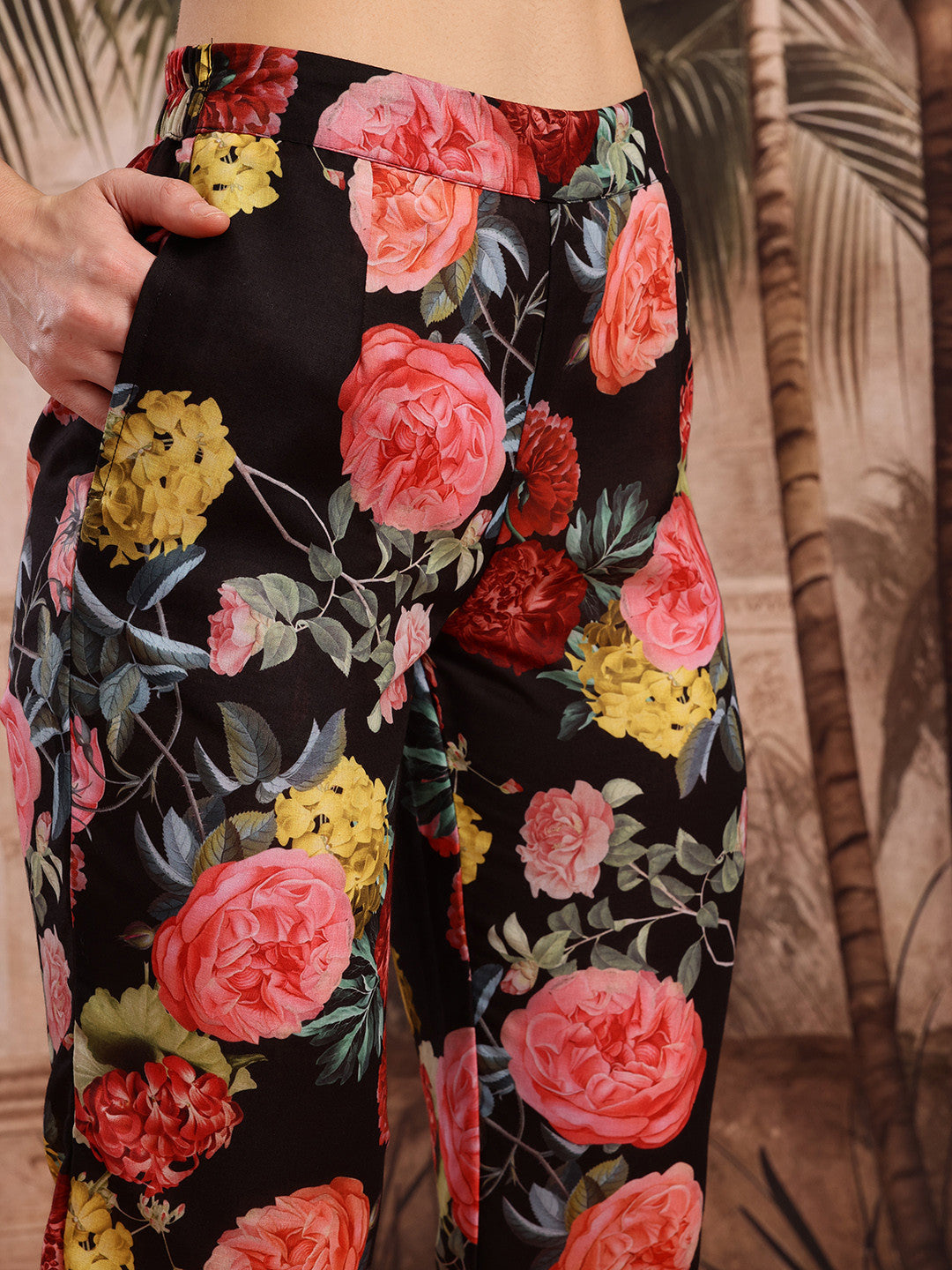 Floral Print A-Line Tie-Up Neck Kurta with Trousers
