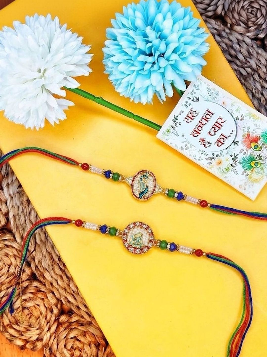 Dhiyona Set Of 2 Multicolor Peacock Design Rakhi With Roli Chawal Chandan Mishri