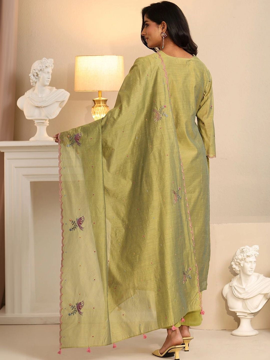 Fern Green Bird Embroidered Chanderi Silk Straight Suit Set
