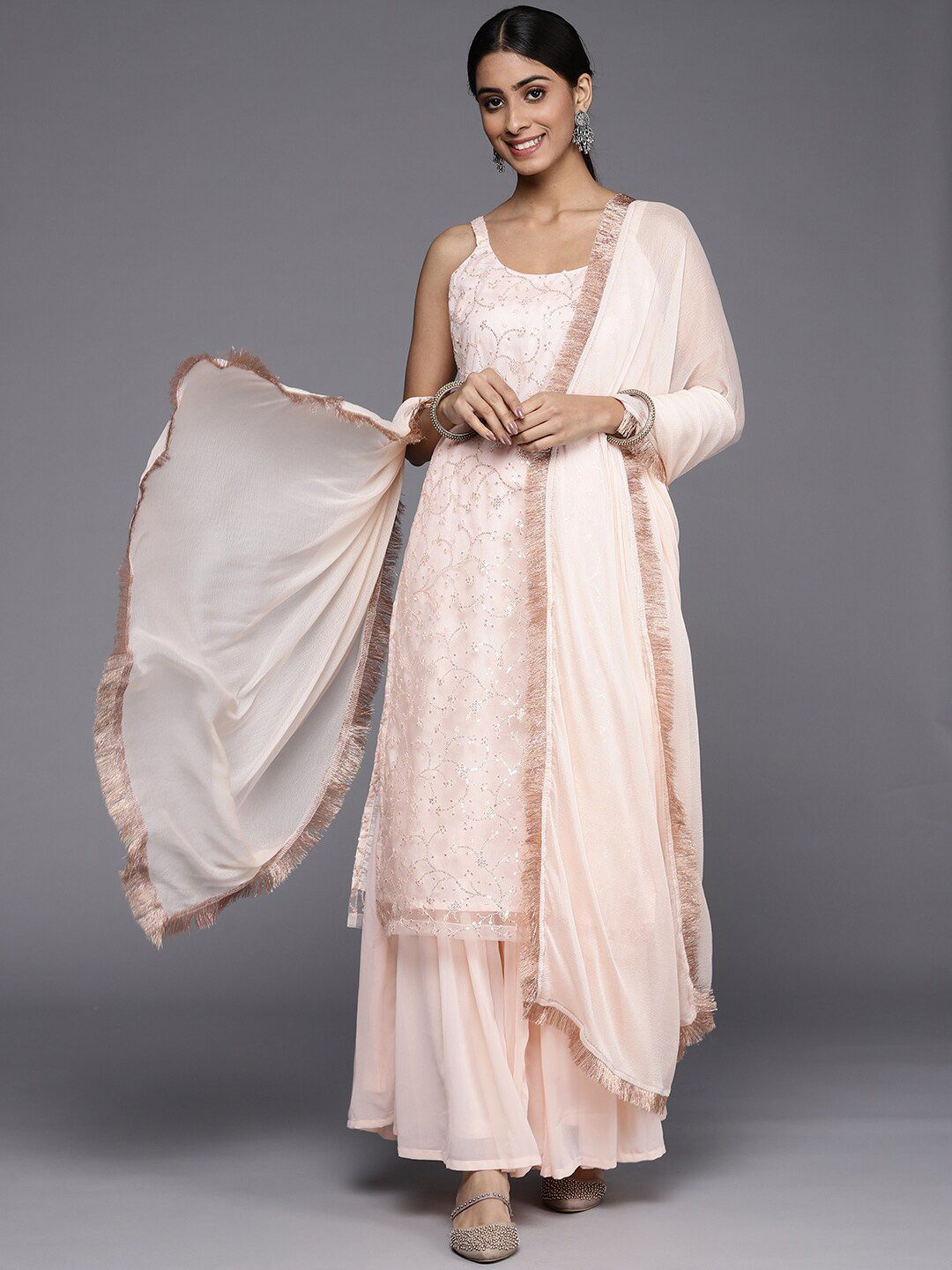 Dhiyona KL Floral Embroidered Sequinned Net Kurta With Sharara & Dupatta