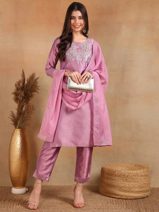Dhiyona KL Round Neck Yoke Design Embroidered Gotta Patti Kurta with Trousers & Dupatta