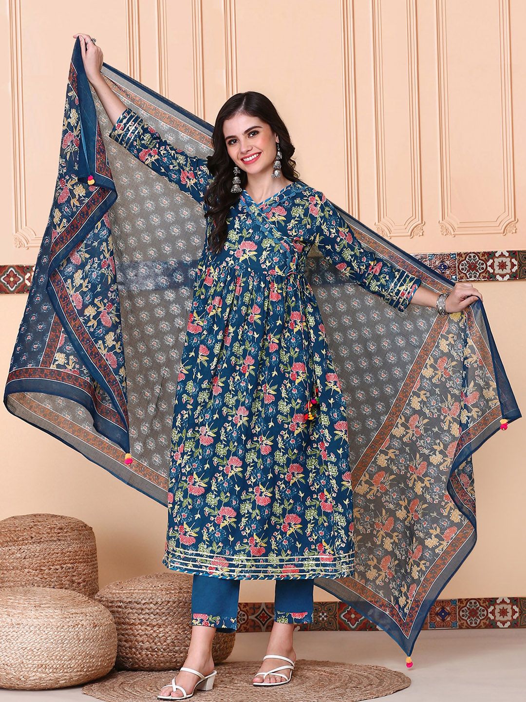 Dhiyona IS Women's Floral Printed V-Neck Three-Quarter Sleeves Pure Cotton Kurta Set