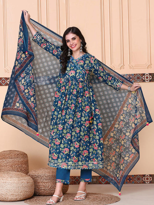 Dhiyona IS Women's Floral Printed V-Neck Three-Quarter Sleeves Pure Cotton Kurta Set