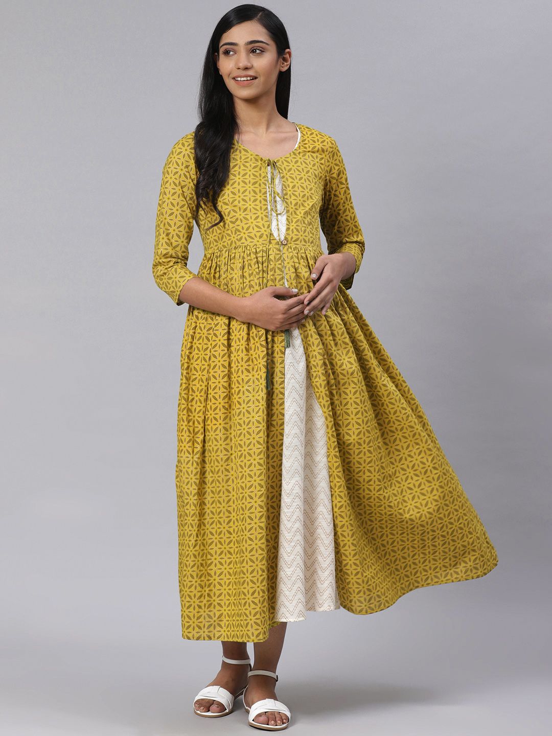 Dhiyona AY Women's Green & Off-White Printed Pure Cotton Maternity Layered A-Line Dress