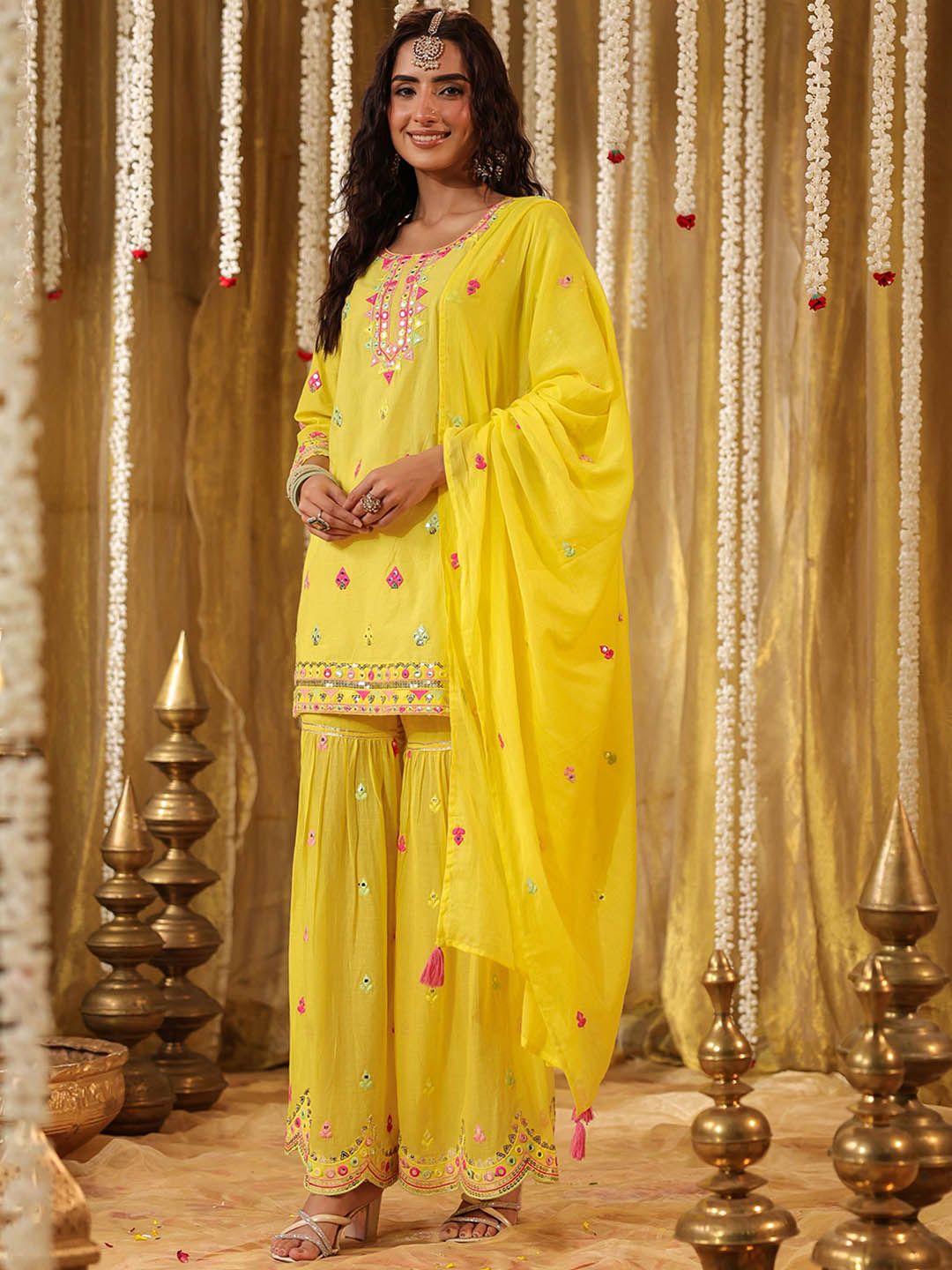 Dhiyona SC Ethnic Motifs Embroidered Pure Cotton Straight Kurta & Sharara With Dupatta
