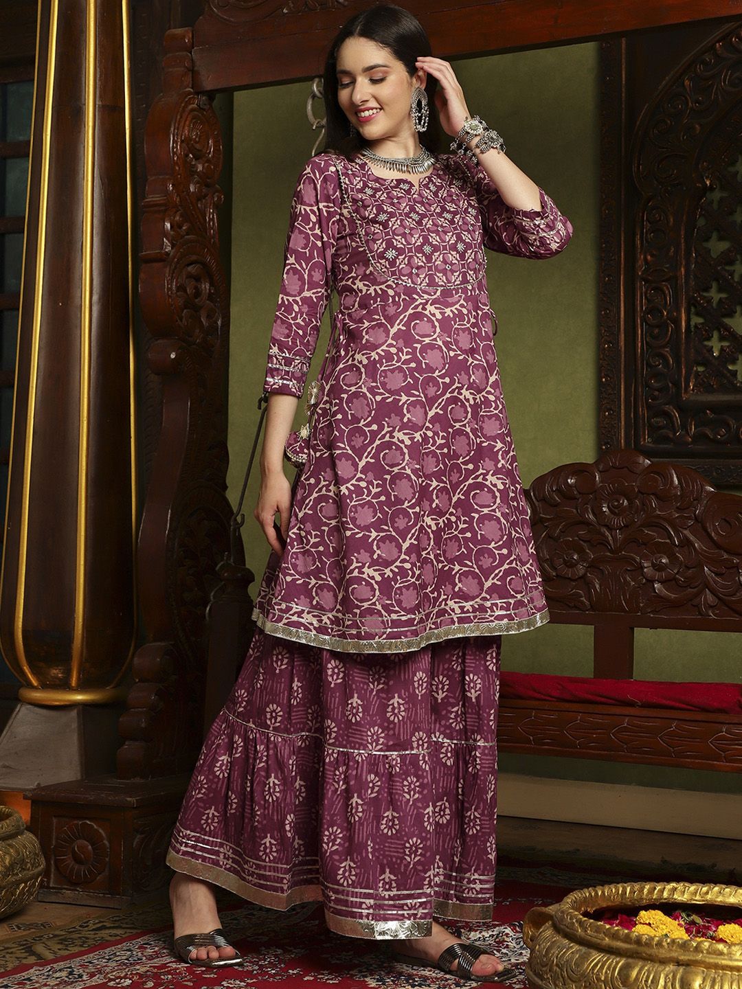 Dhiyona SN Women's Purple Ethnic Motifs Printed A-Line Kurti & Sharara With Dupatta