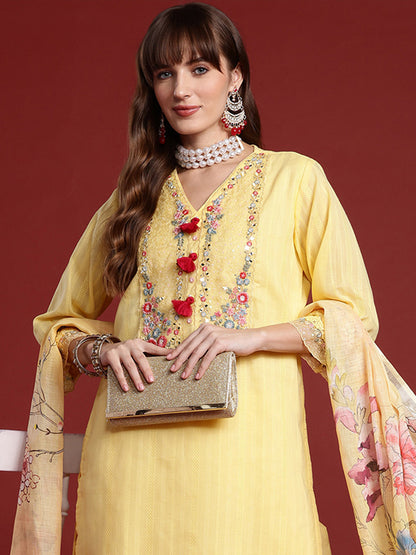 Women Embroidered Regular Thread Work Pure Cotton Kurta with Trousers & With Dupatta