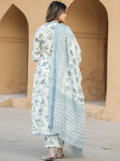 Dhiyona KL Floral Printed V-Neck Thread Work Pure Cotton Empire Kurta with Trousers & Dupatta