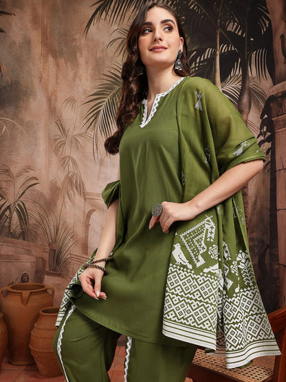 Lace Taping Kurta with Dhoti Pants & Dupatta